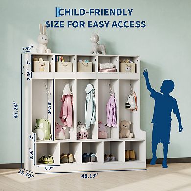 5-Section Kids Cubby Storage Organizer with 5 Hooks, Wooden Coat Locker, Freestanding Cabinet