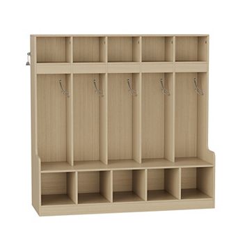 5-Section Kids Cubby Storage Organizer with 5 Hooks, Wooden Coat Locker, Freestanding Cabinet