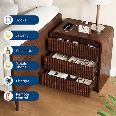 Fluted Nightstand with Charging Station&3 Drawers,Wood Storage Cabinet w/USB, Type-c & AC Outlets