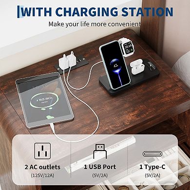 Fluted Nightstand with Charging Station&3 Drawers,Wood Storage Cabinet w/USB, Type-c & AC Outlets
