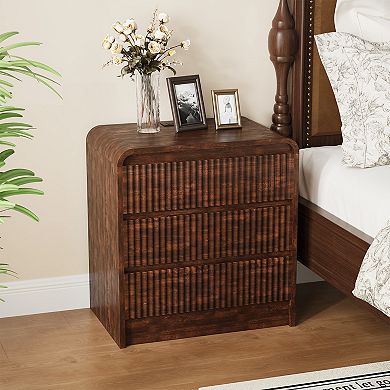 Fluted Nightstand with Charging Station&3 Drawers,Wood Storage Cabinet w/USB, Type-c & AC Outlets