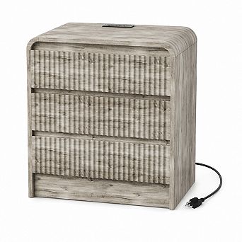 Fluted Nightstand with Charging Station&3 Drawers,Wood Storage Cabinet w/USB, Type-c & AC Outlets