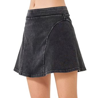 Women Elastic High Waist Denim Mini Skirt Seamed Panel A Line Jean Short Skirt