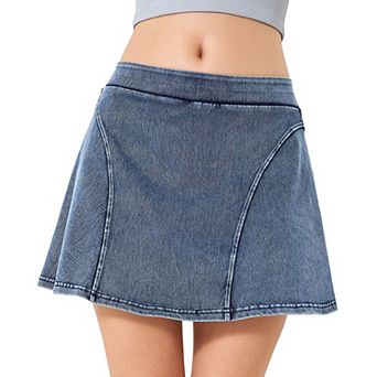 Women Elastic High Waist Denim Mini Skirt Seamed Panel A Line Jean Short Skirt