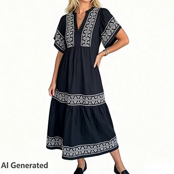 Women's Summer Printed Floral Short Sleeve Casual Notch Neck Cotton Long Color Block Tunic Dress