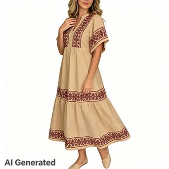 Women's Summer Printed Floral Short Sleeve Casual Notch Neck Cotton Long Color Block Tunic Dress