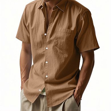 Men Short Sleeve Button Down Shirt Collared Lightweight Summer Casual Shirts with Chest Pocket