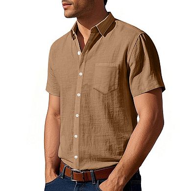 Men Short Sleeve Button Down Shirt Collared Lightweight Summer Casual Shirts with Chest Pocket