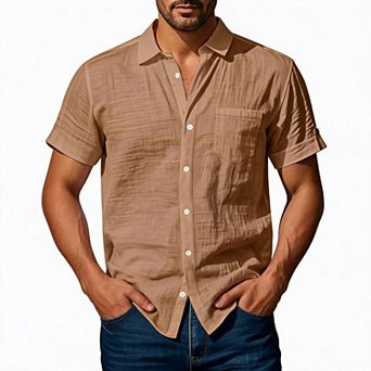 Men Short Sleeve Button Down Shirt Collared Lightweight Summer Casual Shirts with Chest Pocket
