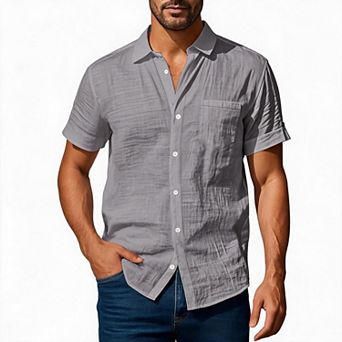 Men Short Sleeve Button Down Shirt Collared Lightweight Summer Casual Shirts with Chest Pocket