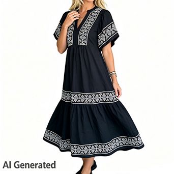 Women's Summer Printed Floral Short Sleeve Casual Notch Neck Cotton Long Color Block Tunic Dress