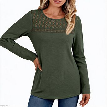 Womens Long Sleeve Shirts Lace Crew Neck Dressy Casual Lightweight Blouses Fall Fashion Tops