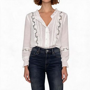 Women's Long Sleeve Eyelet Tops Button Down Casual Hollow Out Lace Embroidered Crochet Blouses