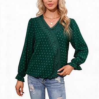 Womens Dressy Lace V Neck Blouse Ruffle Long Sleeve T Shirt Casual Tunic Pom Poms Tees Tops