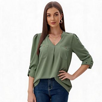 Womens Roll Up 3/4 Sleeve Blouses Dressy Casual Business Tops V Neck Tunic Work Office Shirts