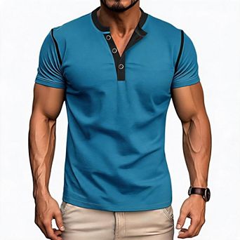 Mens Stand Collar Henley Tee Contrast Trim Short Sleeve 3 Button Slim Fit Casual Summer Shirts