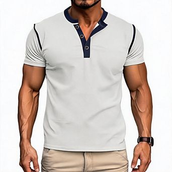Mens Stand Collar Henley Tee Contrast Trim Short Sleeve 3 Button Slim Fit Casual Summer Shirts