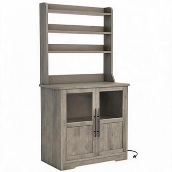 Farmhouse Tall Wood Coffee Bar Hutch Cabinet,with Charging Station,Glass Door, for Living Room