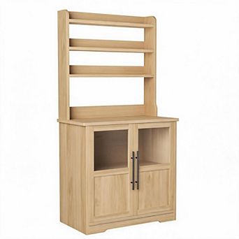 Farmhouse Tall Wood Coffee Bar Hutch Cabinet,with Charging Station,Glass Door, for Living Room