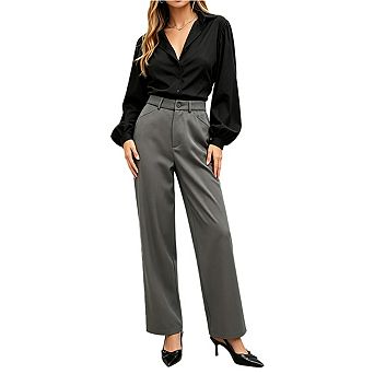 Women's High Waist Front Button Straight Leg Dress Trouser Pants