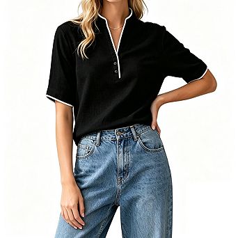 Women's Stand Collar Short Sleeve Button Textured Relaxed Fit Office Blouse Shirt