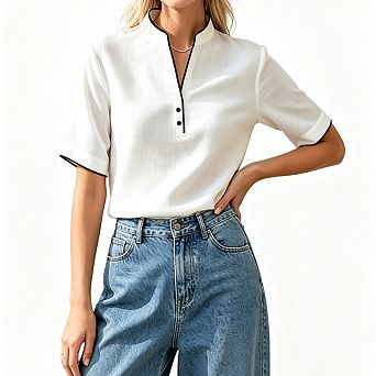 Women's Stand Collar Short Sleeve Button Textured Relaxed Fit Office Blouse Shirt