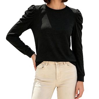 Women Crew Neck Puff Long Sleeve Tops Ruched Shoulder Detail Casual Daily Blouse Shirts