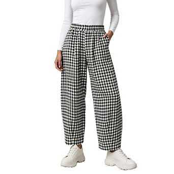 Women Plaid High Waist Wide Leg Pants Loose Casual Cropped Lantern Trousers with Side Pockets
