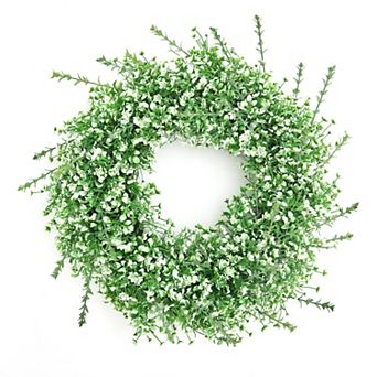 26" Artificial Wreath with White Seeds Faux Greenery Door Decor, Farmhouse Style Front Door Wreath
