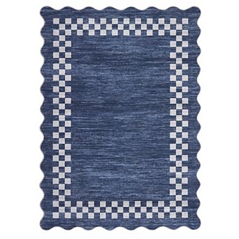 Scalloped Wave Edge Checkered Machine Washable Low Pile Indoor Area Rug for Living Room Bedroom
