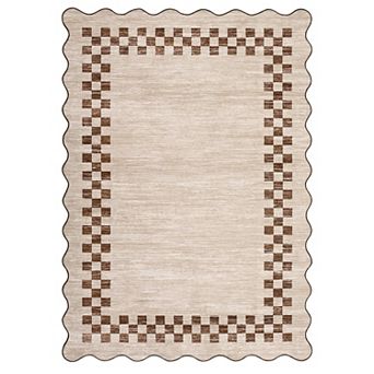 Scalloped Wave Edge Checkered Machine Washable Low Pile Indoor Area Rug for Living Room Bedroom