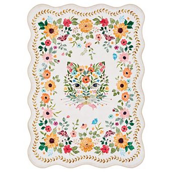 Scalloped Edge Floral Cat Print Rug Washable Soft Pet Friendly Rug for Bedroom Living Room