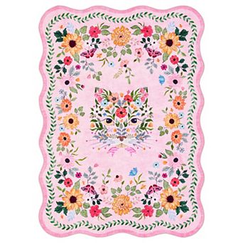 Scalloped Edge Floral Cat Print Rug Washable Soft Pet Friendly Rug for Bedroom Living Room