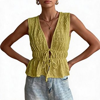 Women Sleeveless V Neck Tie Front Peplum Crop Top For Street Daily Vacation Outfits