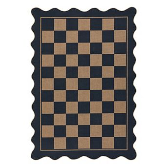 Scalloped Checkered Woven Rug Indoor Outdoor Non Slip Pet Friendly Carpet for Patio Living Room
