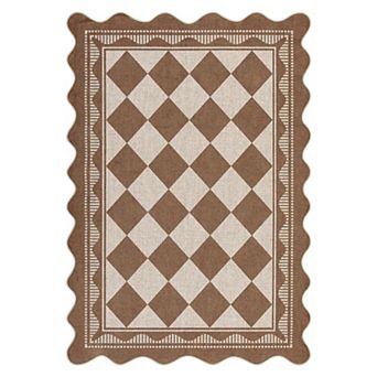 Scalloped Edge Woven Indoor Outdoor Rug Non Slip Pet Friendly Carpet for Patio Living Room Entryway