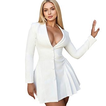 Women's Business Blazer Button Down A-Line Ruffle Pleated Mini Work Dress