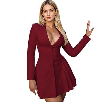 Women's Business Blazer Button Down A-Line Ruffle Pleated Mini Work Dress