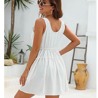 Women's Casual Sleeveless Ruffle Flowy Tiered Pleated Beach Mini Dress