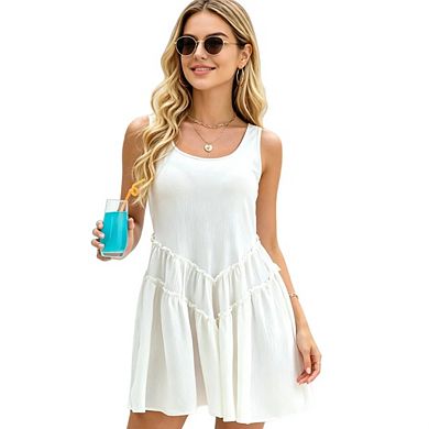 Women's Casual Sleeveless Ruffle Flowy Tiered Pleated Beach Mini Dress