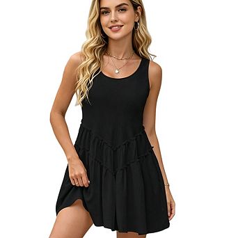 Women's Casual Sleeveless Ruffle Flowy Tiered Pleated Beach Mini Dress
