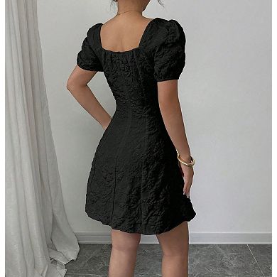 Women's Floral Square Neck uff Sleeve Ruffle Hem A Line Elegant Mini Dresses