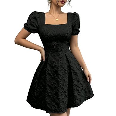 Women's Floral Square Neck uff Sleeve Ruffle Hem A Line Elegant Mini Dresses
