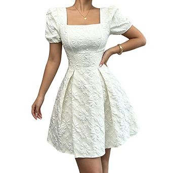 Women's Floral Square Neck uff Sleeve Ruffle Hem A Line Elegant Mini Dresses