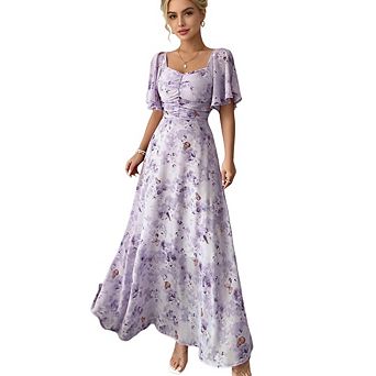 Women's Short Sleeve Boho Floral Sweetheart Neck Vacation A Line Maxi Dress