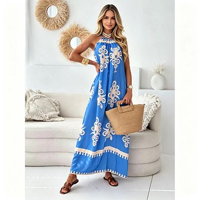 Women's Halter Neck Bohemian Printed Sleeveless Beach Maxi Dress