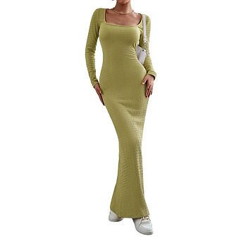 Women's Square Neck Long Sleeve Solid Color Slim Bodycon Knit Maxi Dress