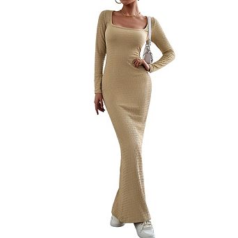 Women's Square Neck Long Sleeve Solid Color Slim Bodycon Knit Maxi Dress