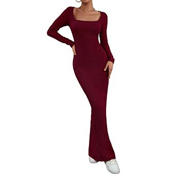 Women's Square Neck Long Sleeve Solid Color Slim Bodycon Knit Maxi Dress
