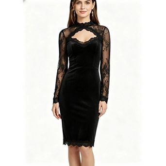 Women's Vintage Velvet with Keyhole Neck Lace Sleeves Elegant Bodycon Party Mini Dress